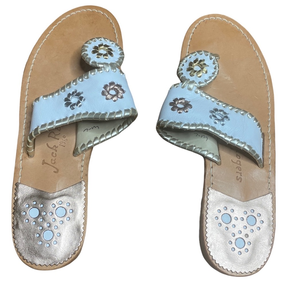 Jack Rogers Gold White Rose Gold Silver Flat Leather Sandals Size 7.5